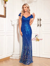 Blue Mermaid Sequins V-neck Prom Dress