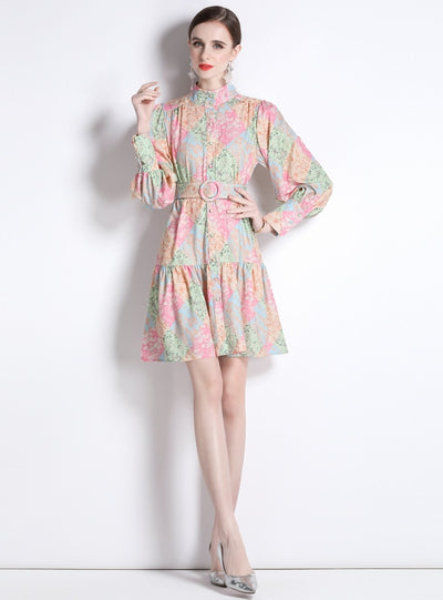 Stitching Printed Long Sleeve Slim Retro Dress
