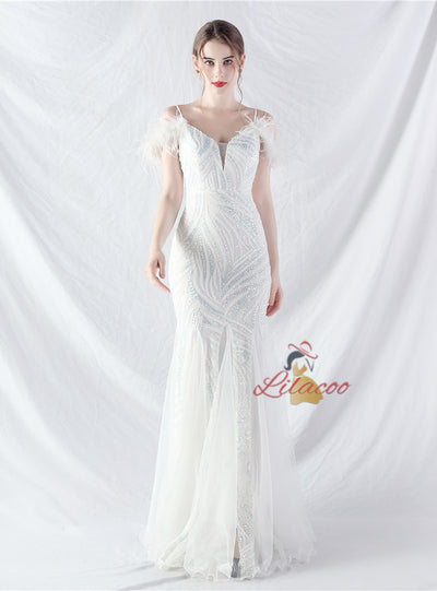 Spaghetti Straps Mermaid Sequins Tulle Prom Dress