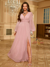 V-neck Bubble Sleeve Chiffon Evening Dress