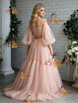 Pink Tulle Off the Shoulder Puff Sleeve Prom Dress