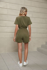Solid Color Loose Short Sleeve Pocket Jumpsuit