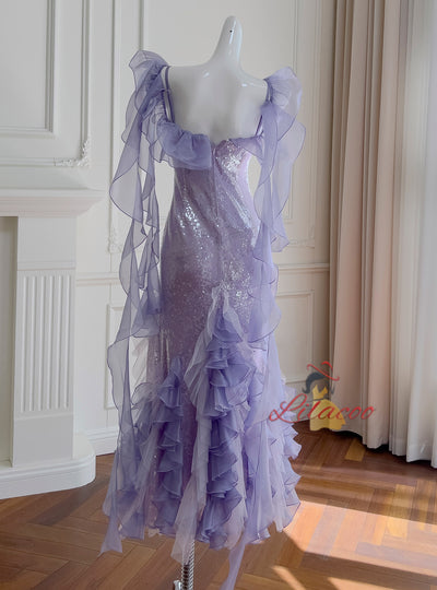 Purple Sequins Straps Prom Dress