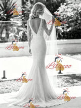 White Mermaid V-neck Long Sleeve Wedding Dress