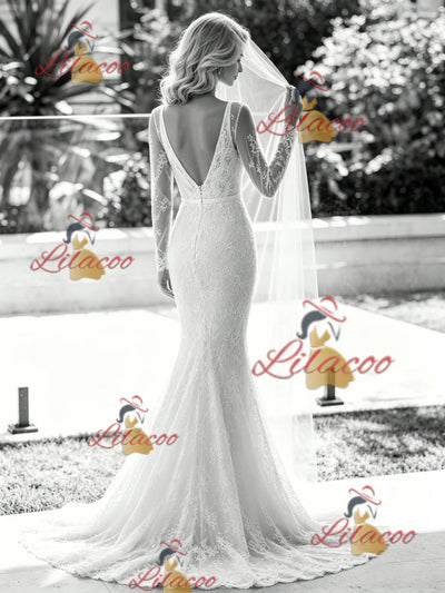 White Mermaid V-neck Long Sleeve Wedding Dress