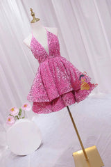 Pink Sequins Deep V-neck Homecoming Dress