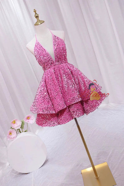 Pink Sequins Deep V-neck Homecoming Dress
