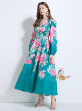 Retro Printed Breasted Bubble Sleeve Dress