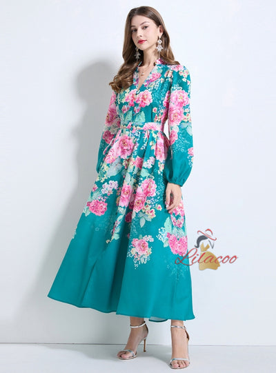 Retro Printed Breasted Bubble Sleeve Dress