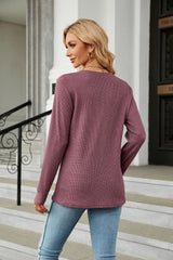 Solid Color V-neck Button Loose T-shirt