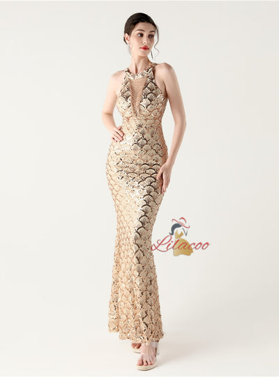 Mermaid Sequins Halter Beading Prom Dress