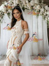 White Mermaid Lace Halter Tassel Wedding Dress