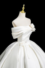 Beige White Satin Flower Pleats Wedding Dress