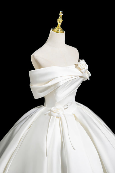 Beige White Satin Flower Pleats Wedding Dress