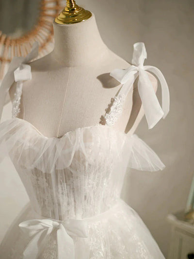 White Tulle Straps Lace Pleats Homecoming Dress