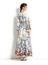 V-neck Slim Flared Sleeve Printed Long Dress