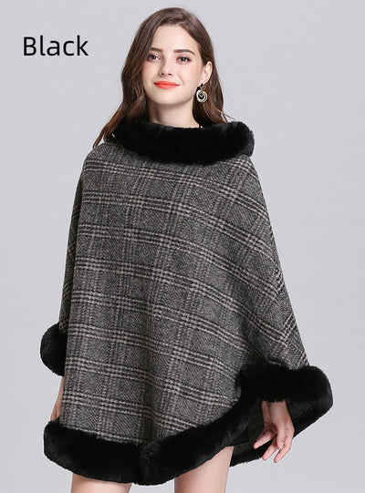 Loose Plaid Crewneck Cape Shawl