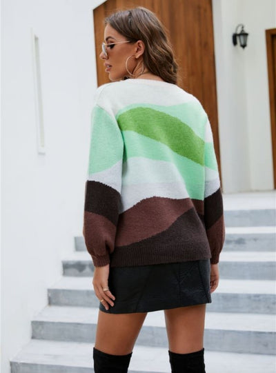 Splicing Leisure Round Neck Green Long-sleeved Sweater