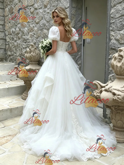 White Tulle Puff Sleeve Lace Wedding Dress