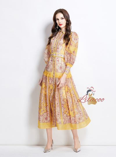 Retro Lapel Print Slim Long Dress