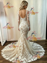 Light Champagne Long Sleeve Appliques Wedding Dress