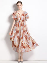 Flying Sleeve V-neck Pleated Holiday Dress