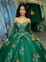 Green Tulle Off the Shoulder Appliques Quinceanera Dress