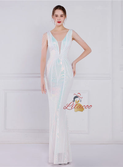 V-neck Mermaid Sequins Beading Prom Dress