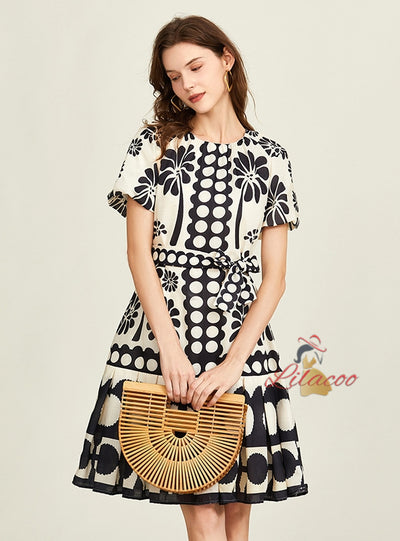 Round Neck Short Sleeve Contrast Printed Dress