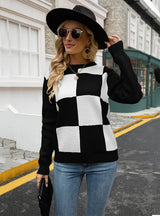 Round Neck Knitted Plaid Sweater
