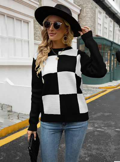 Round Neck Knitted Plaid Sweater