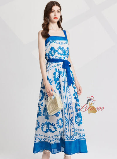 Contrasting Print Suspender Dress