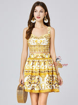 Porcelain Printed Suspender Vest+Skirt Two-piece Suit