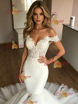 White Mermaid Tulle Spaghetti Straps Lace Wedding Dress