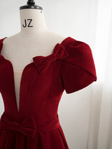 Burgundy Velvet Short Sleeve Bow Prom Dress