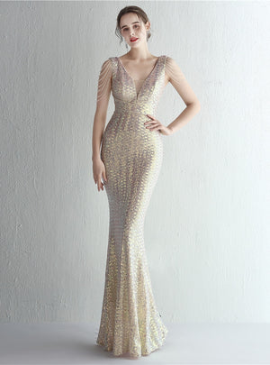 Mermaid Sequins V-neck Beading Prom Dress