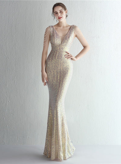 Mermaid Sequins V-neck Beading Prom Dress