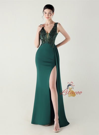 Mermaid V-neck Split Appliques Prom Dress
