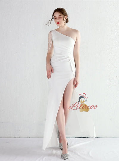 One Shoulder Split Beading Prom Dress