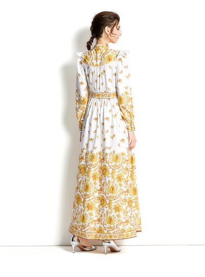 V-neck Lantern Sleeve Printed Palace Style Dress