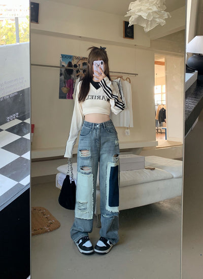 Retro Ripped and Contrasting Casual Jeans