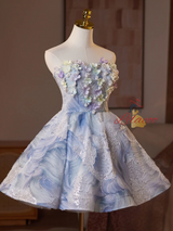 Blue Tulle Sequins Flower Homecoming Dress