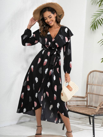 Feather Printed Lotus Leaf Long Sleeve Wrapped Dress