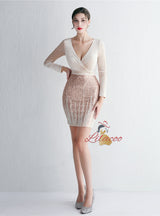 Velvet Long Sleeve V-neck Mini Prom Dress