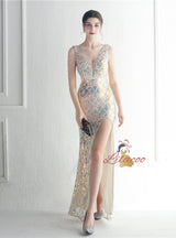 V-neck Sequins Beading Prom Dress