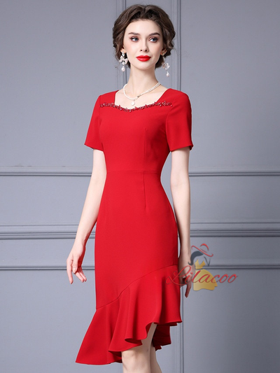 Red Short Sleeve Beading Mother Of The Bride Dress