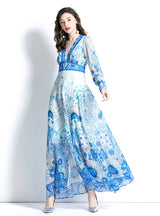 Retro Deep V-neck Lantern Sleeve Printed Dress