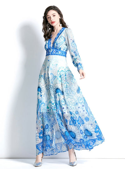 Retro Deep V-neck Lantern Sleeve Printed Dress