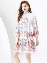 Retro Painted Lantern Sleeve Wavy Printed Dress