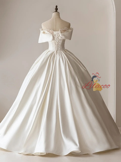 White Satin Off the Shoulder Pleats Wedding Dress